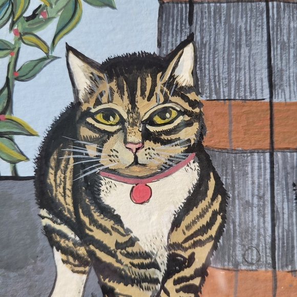 Original Art of Stripey Cat and Plant Artist Signed Mountfort Professional Frame - Picture 3 of 7